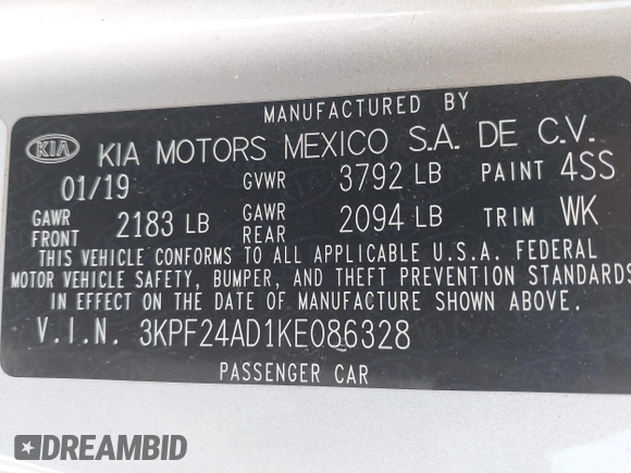 2019 Kia Forte LXS с VIN 3KPF24AD1KE086328, выставлен на аукционе IAAI как лот 42144973 с пробегом 43 541 миль миль и . История ставок и продаж доступна на DreamBid. Изображение 9.