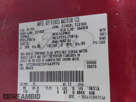 2005 Ford Ranger XLT z VIN 1FTZR45E35PA62970, wystawiony jako IAAI lot #42279050 z przebiegiem 128 233 mil mil oraz . Historia ofert i sprzedaży dostępna na DreamBid. Obrazek 9.