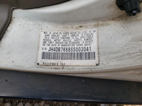 1995 Acura Integra z VIN JH4DB7668SS003041, wystawiony jako Copart lot #40856024 z przebiegiem 99 775 mil mil oraz Szkoda całkowita • Salvage title. Historia ofert i sprzedaży dostępna na DreamBid. Obrazek 10.