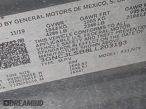 2020 Chevrolet Trax LT с VIN 3GNCJLSB8LL203193, выставлен на аукционе IAAI как лот 42518085 с пробегом 172 004 миль миль и . История ставок и продаж доступна на DreamBid. Изображение 9.