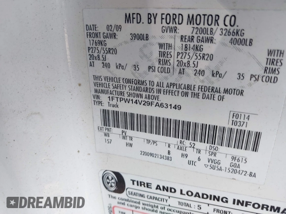2009 Ford F-150 XL with VIN 1FTPW14V29FA63149, listed as a IAAI auction lot 42467119 with 188,374 mi miles and . Bid and sale history available at DreamBid. Image 9.