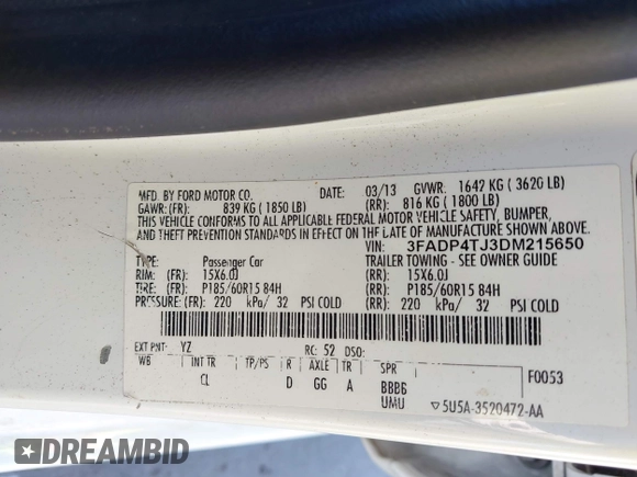 2013 Ford Fiesta S с VIN 3FADP4TJ3DM215650, выставлен на аукционе IAAI как лот 42462870 с пробегом 142 762 миль миль и . История ставок и продаж доступна на DreamBid. Изображение 9.