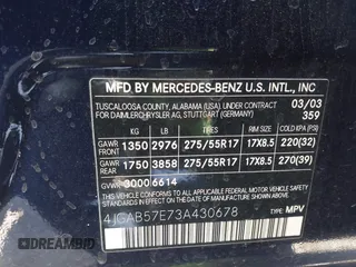2003 Mercedes-Benz M 350 с VIN 4JGAB57E73A430678, выставлен на аукционе IAAI как лот 42268554 с пробегом 239 108 миль миль и . История ставок и продаж доступна на DreamBid. Изображение 9.