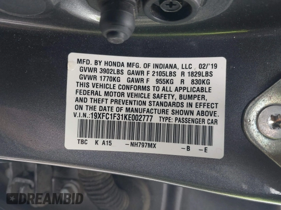 2019 Honda Civic Sedan EX with VIN 19XFC1F31KE002777, listed as a IAAI auction lot 41571361 with 115,277 mi miles. Bid and sale history available at carsss.com. Image 9.