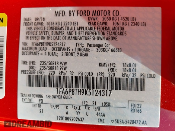 2019 Ford Mustang EcoBoost z VIN 1FA6P8TH9K5124317, wystawiony jako IAAI lot #42627934 z przebiegiem 39 869 mil mil oraz . Historia ofert i sprzedaży dostępna na DreamBid. Obrazek 9.