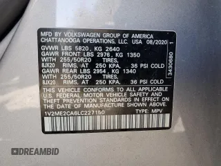 2020 Volkswagen Atlas SEL with VIN 1V2ME2CA6LC227150, listed as a Copart auction lot 54099165 with 57,654 mi miles and Salvage title. Bid and sale history available at DreamBid. Image 13.