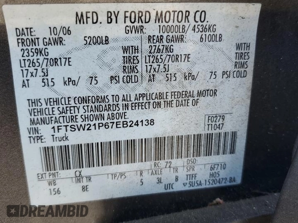 2007 Ford F-250 XL z VIN 1FTSW21P67EB24138, wystawiony jako Copart lot #54596935 z przebiegiem Nie podano mil oraz Szkoda całkowita • Salvage title. Historia ofert i sprzedaży dostępna na DreamBid. Obrazek 12.