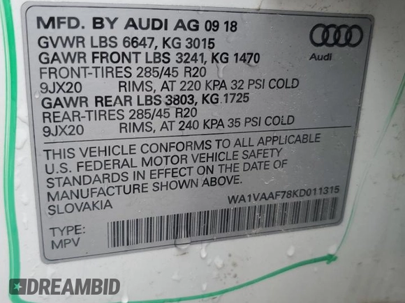 2019 Audi Q7 Prestige z VIN WA1VAAF78KD011315, wystawiony jako Copart lot #56896475 z przebiegiem 74 658 mil mil oraz Szkoda całkowita • Salvage title. Historia ofert i sprzedaży dostępna na DreamBid. Obrazek 13.
