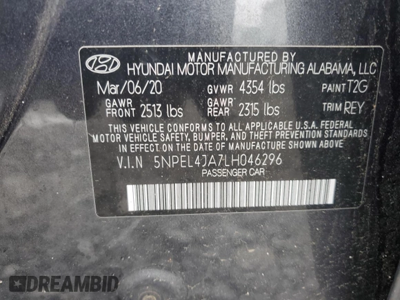 2020 Hyundai Sonata SEL z VIN 5NPEL4JA7LH046296, wystawiony jako Copart lot #57030185 z przebiegiem 42 908 mil mil oraz Szkoda całkowita • Salvage title. Historia ofert i sprzedaży dostępna na DreamBid. Obrazek 12.