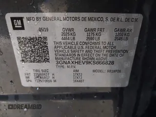 2019 Chevrolet Equinox LS with VIN 3GNAXHEV9KS666828, listed as a IAAI auction lot 41629860 with 92,198 mi miles and . Bid and sale history available at carsss.com. Image 9.
