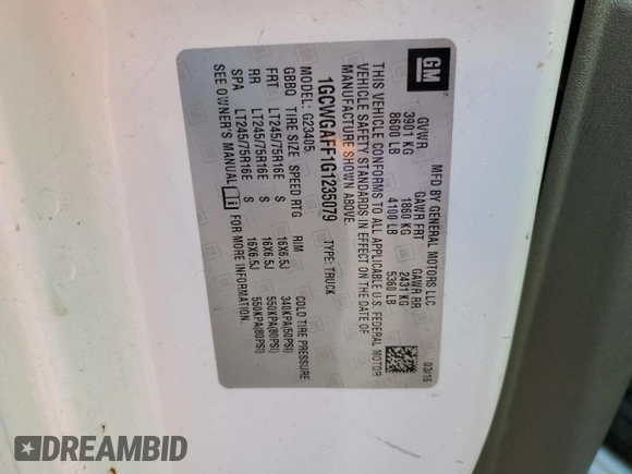 2016 Chevrolet Express Cargo with VIN 1GCWGAFF1G1235079, listed as a Copart auction lot 62375005 with 115,783 mi miles and Salvage title. Bid and sale history available at DreamBid. Image 13.