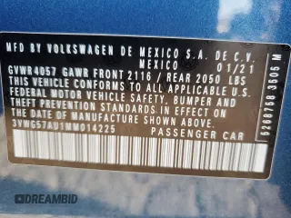 2021 Volkswagen Golf TSI с VIN 3VWG57AU1MM014225, выставлен на аукционе Copart как лот 77877334 с пробегом 66 599 миль миль и Списание • Salvage title. История ставок и продаж доступна на DreamBid. Изображение 13.
