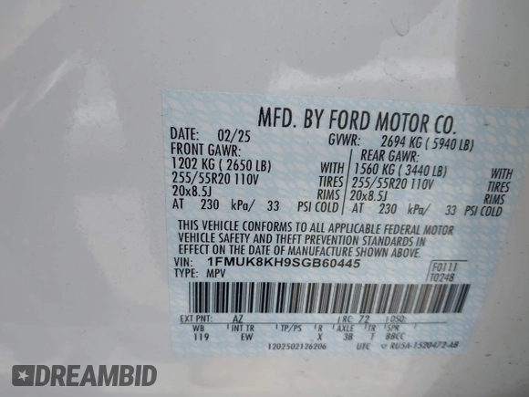 2025 Ford Explorer ST-Line with VIN 1FMUK8KH9SGB60445, listed as a IAAI auction lot 42087110 with 2,569 mi miles and . Bid and sale history available at DreamBid. Image 9.