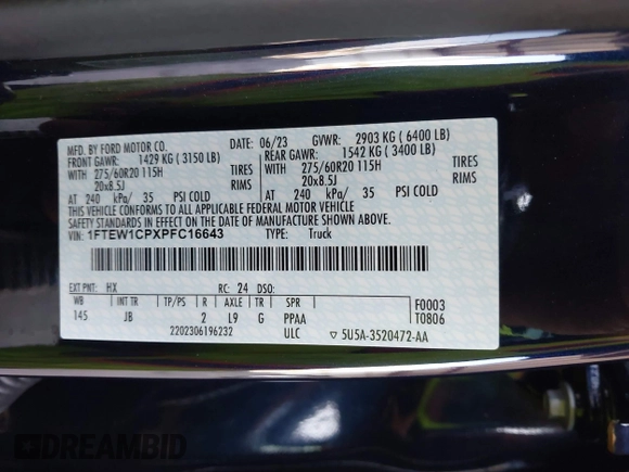 2023 Ford F-150 XL z VIN 1FTEW1CPXPFC16643, wystawiony jako IAAI lot #42205858 z przebiegiem Nie podano mil oraz . Historia ofert i sprzedaży dostępna na DreamBid. Obrazek 9.