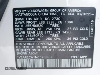 2022 Volkswagen Atlas 3.6L V6 SEL R-Line with VIN 1V2AR2CA1NC528998, listed as a IAAI auction lot 41405286 with 35,271 mi miles. Bid and sale history available at carsss.com. Image 9.