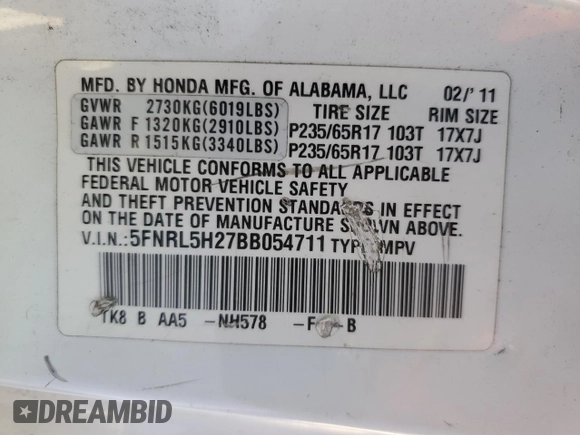 2011 Honda Odyssey LX with VIN 5FNRL5H27BB054711, listed as a Copart auction lot 54792615 with 156,675 mi miles and Clean title. Bid and sale history available at DreamBid. Image 13.