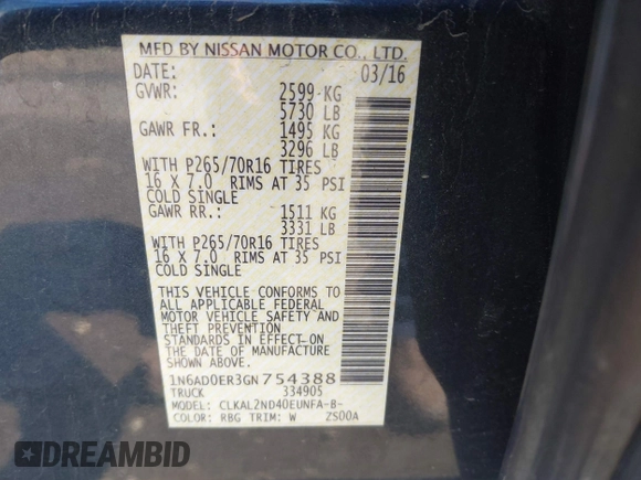 2016 Nissan Frontier SV z VIN 1N6AD0ER3GN754388, wystawiony jako IAAI lot #41971297 z przebiegiem 123 960 mil mil oraz . Historia ofert i sprzedaży dostępna na DreamBid. Obrazek 9.