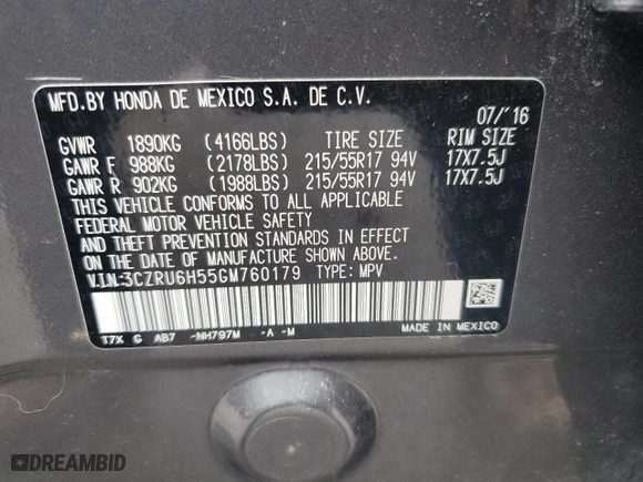 2016 Honda HR-V EX with VIN 3CZRU6H55GM760179, listed as a Copart auction lot 50169485 with 0 mi miles and Salvage Title. Bid and sale history available at carsss.com. Image 13.