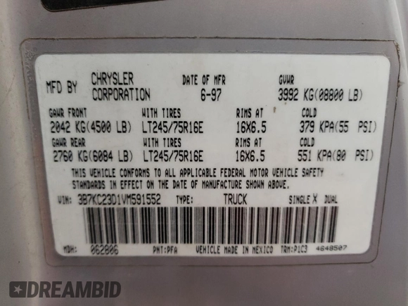 1997 Dodge Ram 2500 with VIN 3B7KC23D1VM591552, listed as a Copart auction lot 41504415 with 340,124 mi miles and Salvage Title. Bid and sale history available at carsss.com. Image 15.