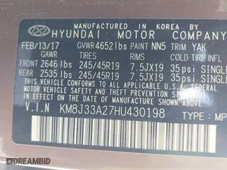 2017 Hyundai Tucson Value with VIN KM8J33A27HU430198, listed as a IAAI auction lot 42104369 with 163,929 mi miles. Bid and sale history available at carsss.com. Image 9.