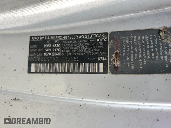 2003 Mercedes-Benz CLK 320 with VIN WDBLK65GX3T137352, listed as a Copart auction lot 77494384 with Not Provided miles and Non Repairable. Bid and sale history available at DreamBid. Image 12.