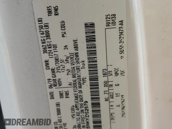 2019 Ford F-150 XL with VIN 1FTMF1C59KKD92979, listed as a Copart auction lot 53800625 with 129,437 mi miles and Salvage title. Bid and sale history available at DreamBid. Image 12.
