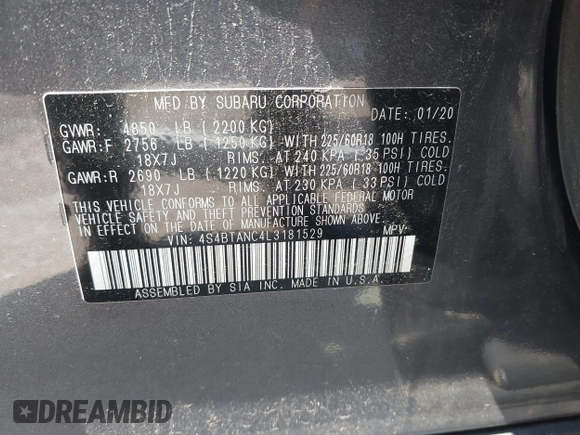 2020 Subaru Outback Limited with VIN 4S4BTANC4L3181529, listed as a IAAI auction lot 42417410 with 71,124 mi miles and . Bid and sale history available at DreamBid. Image 9.