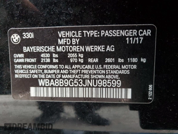 2018 BMW 3 Series 330i with VIN WBA8B9G53JNU98599, listed as a Copart auction lot 80639104 with 49,686 mi miles and Salvage Title. Bid and sale history available at carsss.com. Image 12.