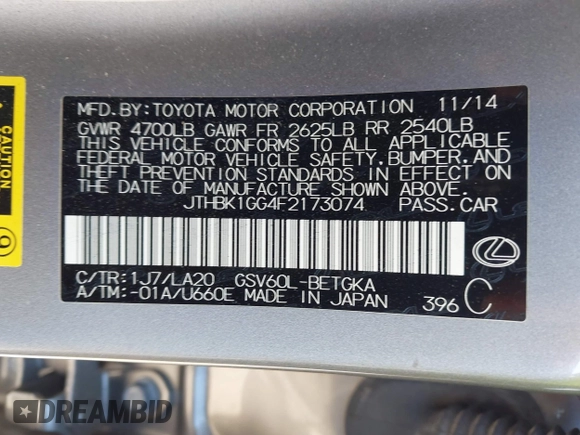 2015 Lexus ES with VIN JTHBK1GG4F2173074, listed as a IAAI auction lot 42051609 with 87,753 mi miles. Bid and sale history available at carsss.com. Image 9.