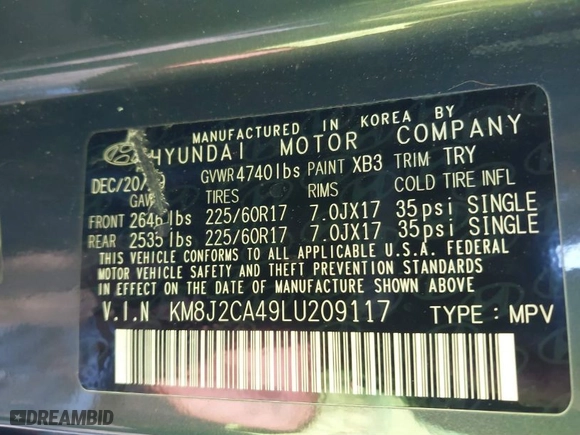 2020 Hyundai Tucson SE with VIN KM8J2CA49LU209117, listed as a IAAI auction lot 41214916 with 1 mi miles. Bid and sale history available at carsss.com. Image 9.