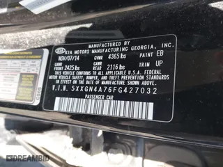 2015 Kia Optima EX with VIN 5XXGN4A76FG427032, listed as a IAAI auction lot 41853276 with 79,110 mi miles. Bid and sale history available at carsss.com. Image 9.