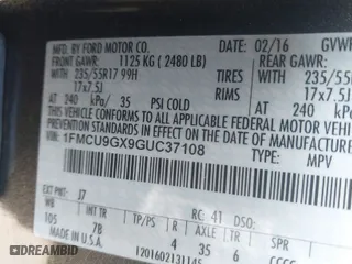 2016 Ford Escape SE with VIN 1FMCU9GX9GUC37108, listed as a IAAI auction lot 41543684 with 116,827 mi miles. Bid and sale history available at carsss.com. Image 9.