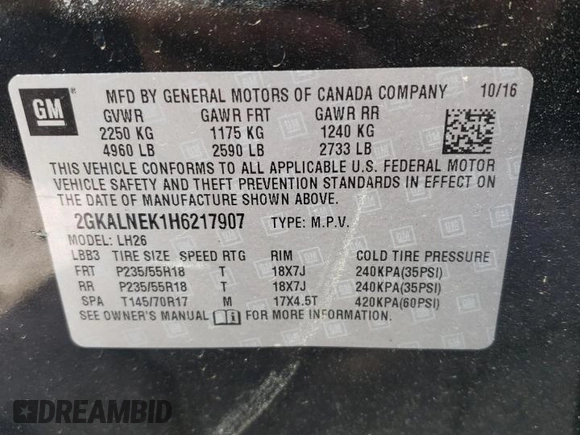2017 GMC Terrain SLE with VIN 2GKALNEK1H6217907, listed as a Copart auction lot 52558335 with 128,973 mi miles and Salvage Title. Bid and sale history available at carsss.com. Image 12.