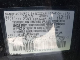 2019 Nissan Sentra SR with VIN 3N1AB7APXKY431461, listed as a IAAI auction lot 40929302 with 80,385 mi miles and . Bid and sale history available at DreamBid. Image 9.