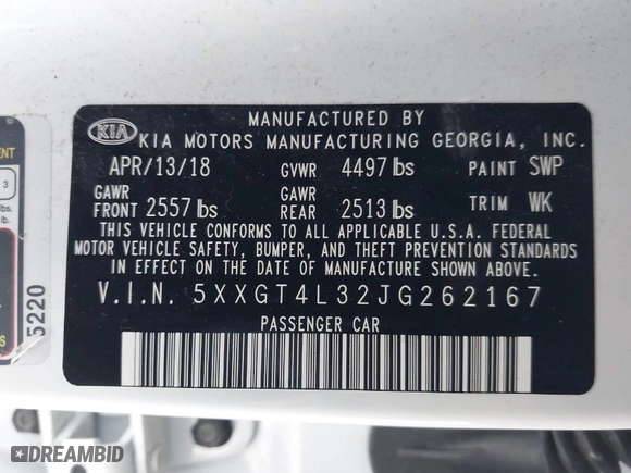 2018 Kia Optima S with VIN 5XXGT4L32JG262167, listed as a IAAI auction lot 41919613 with 1 mi miles. Bid and sale history available at carsss.com. Image 9.