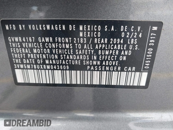 2024 Volkswagen Jetta S z VIN 3VW5M7BUXRM043609, wystawiony jako IAAI lot #42801058 z przebiegiem 26 943 mil mil oraz . Historia ofert i sprzedaży dostępna na DreamBid. Obrazek 9.
