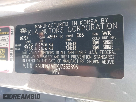 2018 Kia Sportage EX with VIN KNDPN3ACXJ7353395, listed as a IAAI auction lot 41868475 with 86,831 mi miles and . Bid and sale history available at DreamBid. Image 9.