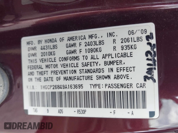2009 Honda Accord EX-L z VIN 1HGCP26849A163695, wystawiony jako IAAI lot #42198563 z przebiegiem 185 885 mil mil oraz . Historia ofert i sprzedaży dostępna na DreamBid. Obrazek 9.