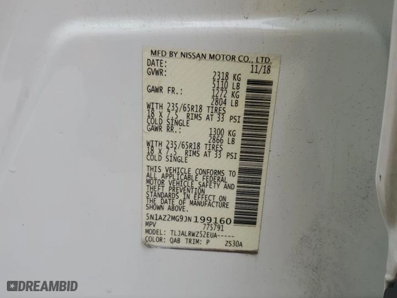 2018 Nissan Murano Platinum with VIN 5N1AZ2MG9JN199160, listed as a Copart auction lot 87759595 with 122,841 mi miles and Salvage Title. Bid and sale history available at carsss.com. Image 14.