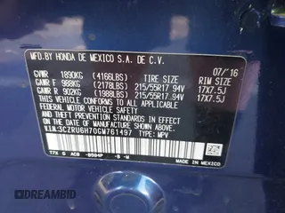 2016 Honda HR-V EX-L w/Navi with VIN 3CZRU6H70GM761497, listed as a IAAI auction lot 41616410 with 92,527 mi miles. Bid and sale history available at carsss.com. Image 9.
