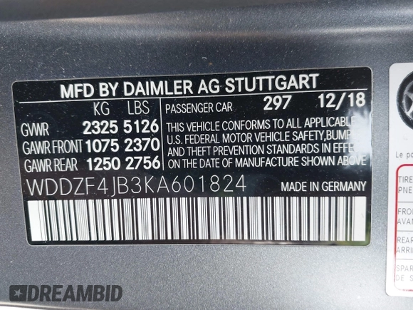 2019 Mercedes-Benz E 300 with VIN WDDZF4JB3KA601824, listed as a IAAI auction lot 42053608 with 54,998 mi miles and . Bid and sale history available at DreamBid. Image 9.