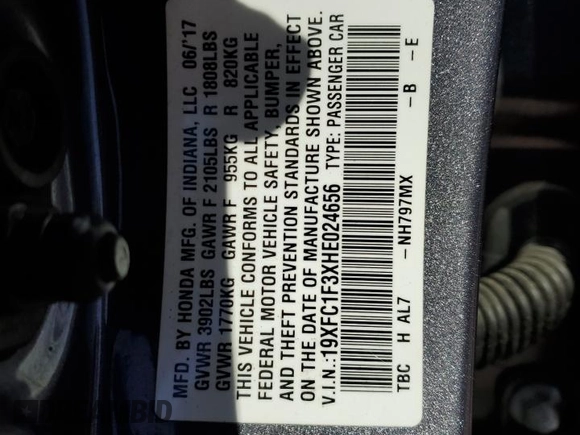 2017 Honda Civic Sedan EX-T with VIN 19XFC1F3XHE024656, listed as a Copart auction lot 45281715 with 106,771 mi miles and Salvage Title. Bid and sale history available at carsss.com. Image 15.