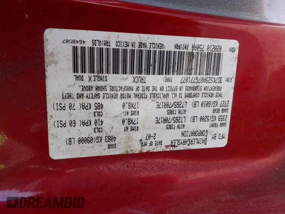 2007 Dodge 2500 SLT with VIN 3D7KS29A07G771077, listed as a IAAI auction lot 41067404 with 357,874 mi miles and . Bid and sale history available at DreamBid. Image 9.