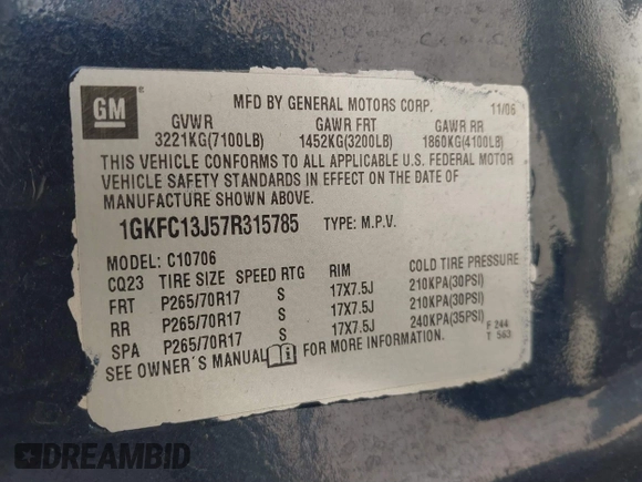 2007 GMC Yukon SLT with VIN 1GKFC13J57R315785, listed as a IAAI auction lot 41794735 with 1 mi miles. Bid and sale history available at carsss.com. Image 9.