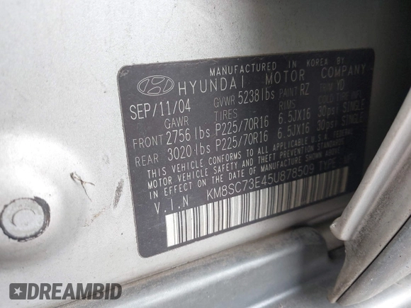 2005 Hyundai Santa Fe GLS with VIN KM8SC73E45U878509, listed as a IAAI auction lot 41776048 with 171,478 mi miles. Bid and sale history available at carsss.com. Image 9.