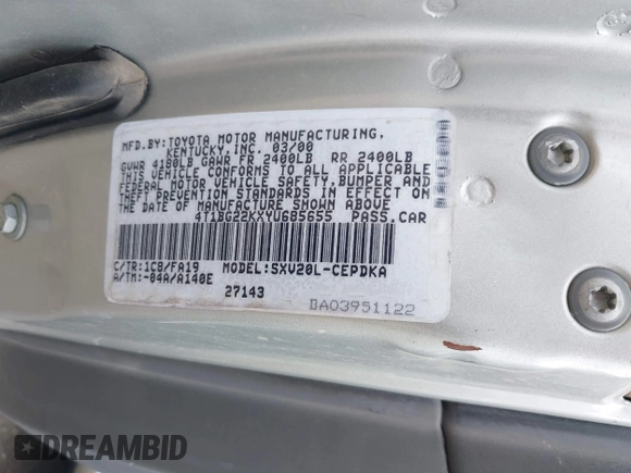 2000 Toyota Camry CE with VIN 4T1BG22KXYU685655, listed as a IAAI auction lot 42195830 with 159,318 mi miles and . Bid and sale history available at DreamBid. Image 9.
