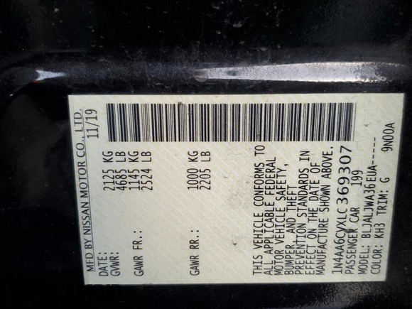 2020 Nissan Maxima SV with VIN 1N4AA6CVXLC369307, listed as a Copart auction lot 41891455 with 74,187 mi miles and Salvage Title. Bid and sale history available at carsss.com. Image 13.