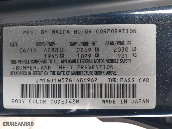 2016 Mazda Mazda6 i Grand Touring with VIN JM1GJ1W57G1486962, listed as a IAAI auction lot 41813471 with 64,078 mi miles. Bid and sale history available at carsss.com. Image 9.