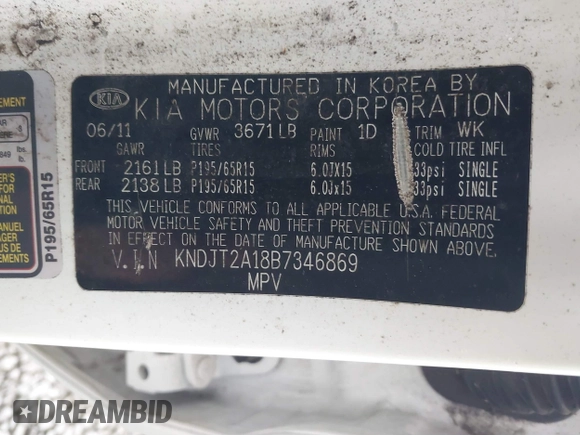 2011 Kia Soul with VIN KNDJT2A18B7346869, listed as a IAAI auction lot 41367423 with 156,070 mi miles. Bid and sale history available at carsss.com. Image 9.
