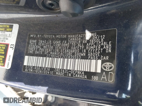 2012 Toyota Corolla L with VIN 2T1BU4EE2CC835553, listed as a IAAI auction lot 41954860 with 1 mi miles. Bid and sale history available at carsss.com. Image 9.